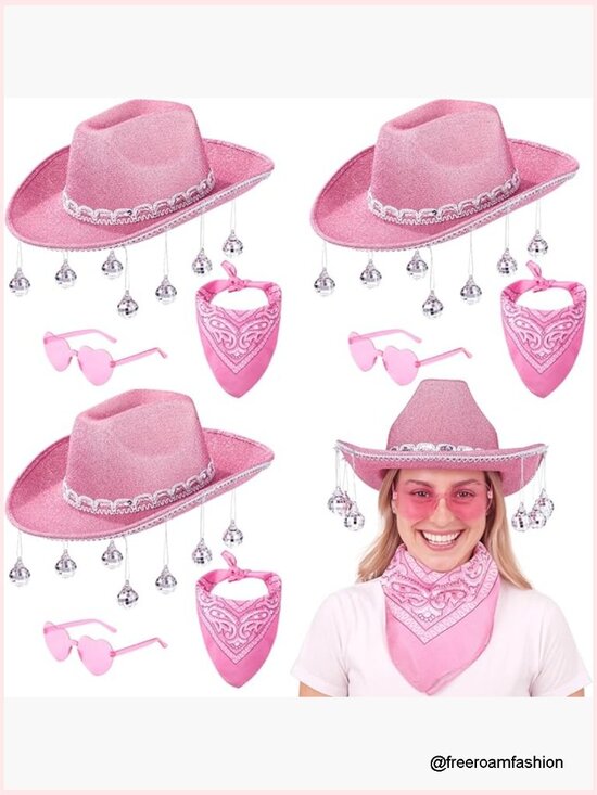 Pink Cowgirl Hat Sets - 4 Hats, 4 Glasses, 4 Bandanas - Western Party